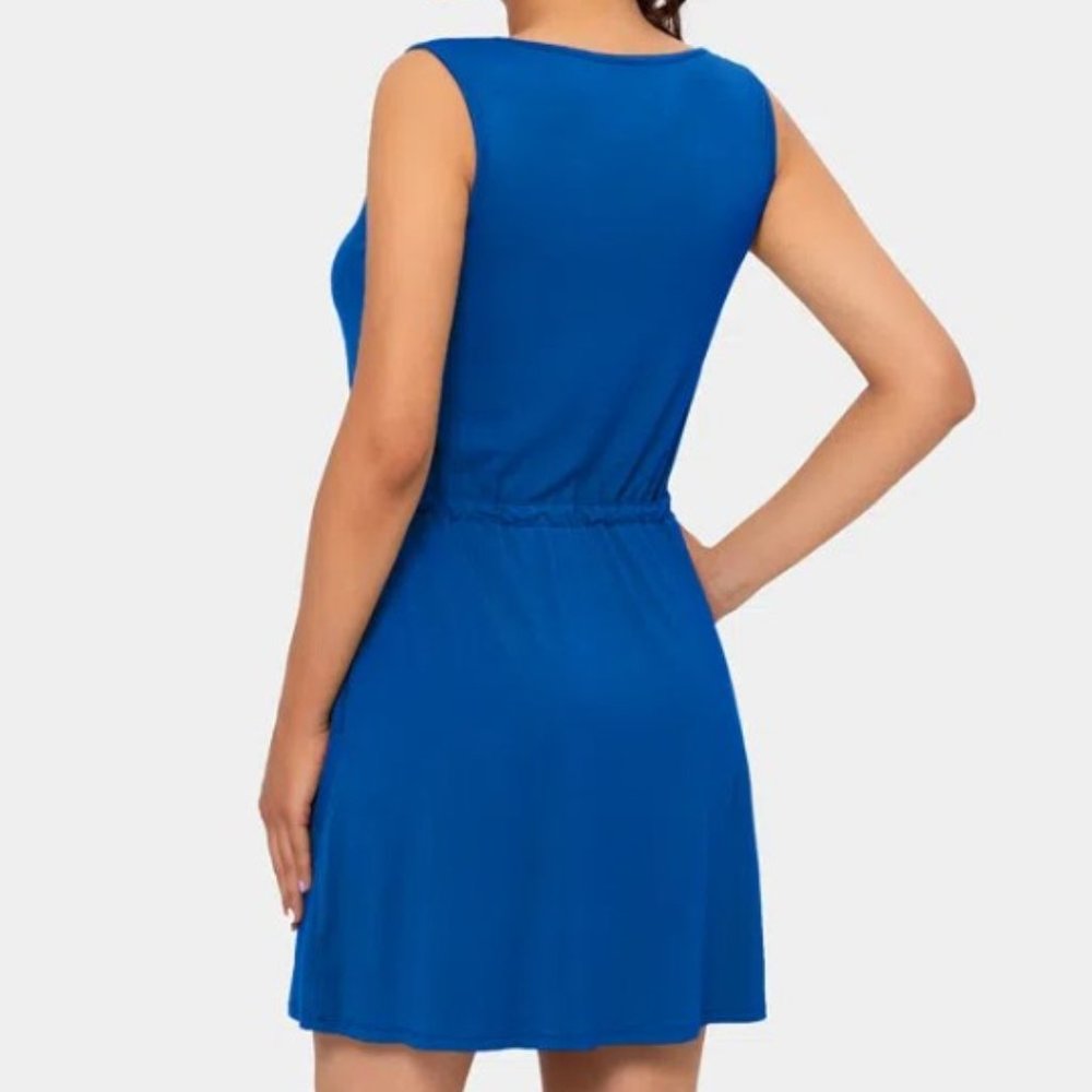 NWT Halara Blue V-Neck Drawstring Side Pocket Plain Mini Tank Dress - Picture 2 of 4